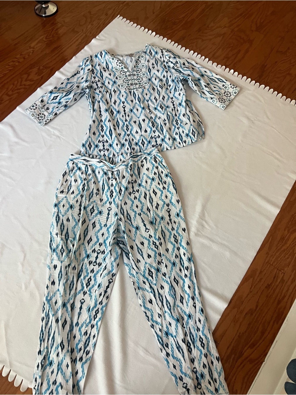 Chico's White and Blue Ikat Wide-Leg Two-Piece Set